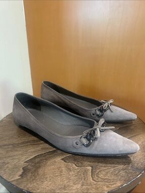 Prada Gray Suede Pointed Toe Ballet Flats with Chain Bow